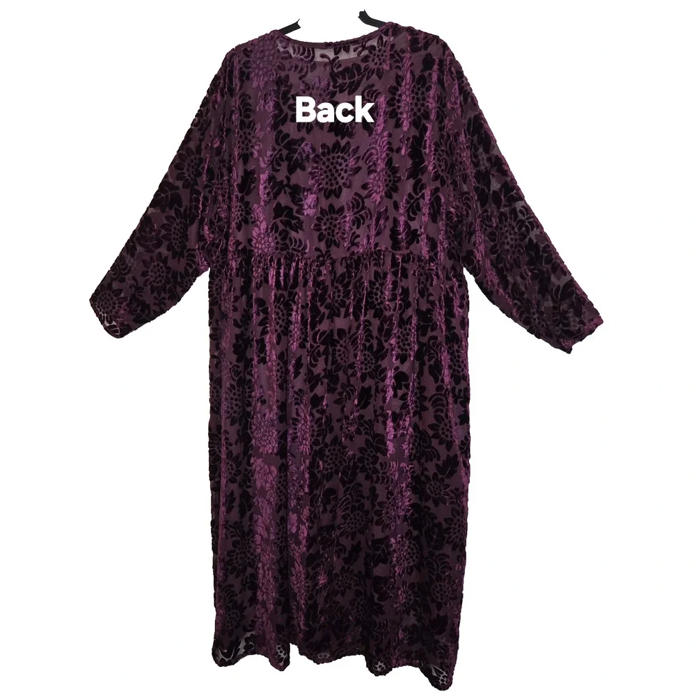 VTG Katy D Deep Maroon Babydoll Velour Velvet Burnout Dress PLUS 18/20 Floral